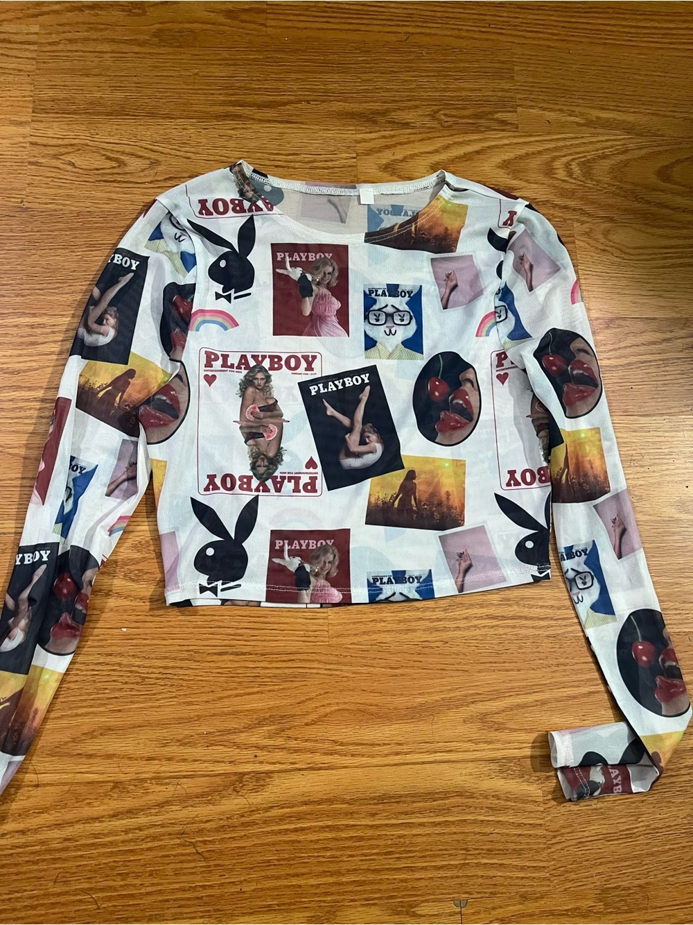 PLAYBOY Multicolor Graphic Mesh Long-Sleeve Crop Top